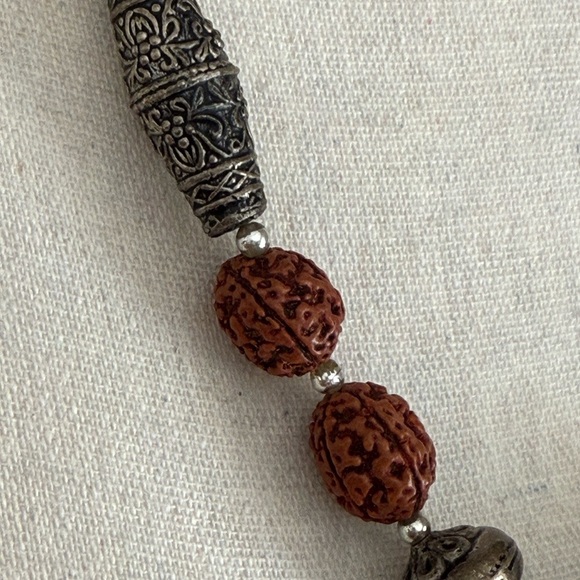 Rudraksha Beaded Necklace with Large Silver Tone Dragon Bead Power Unity - Picture 5 of 6